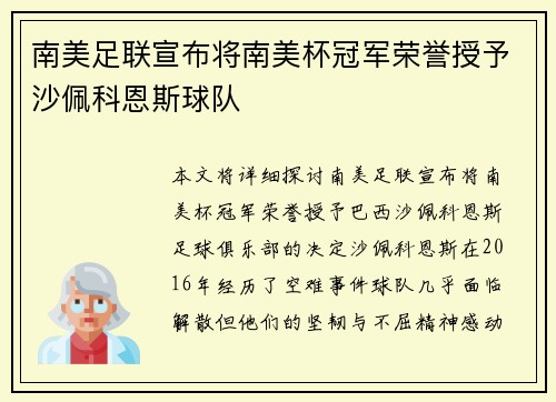 南美足联宣布将南美杯冠军荣誉授予沙佩科恩斯球队